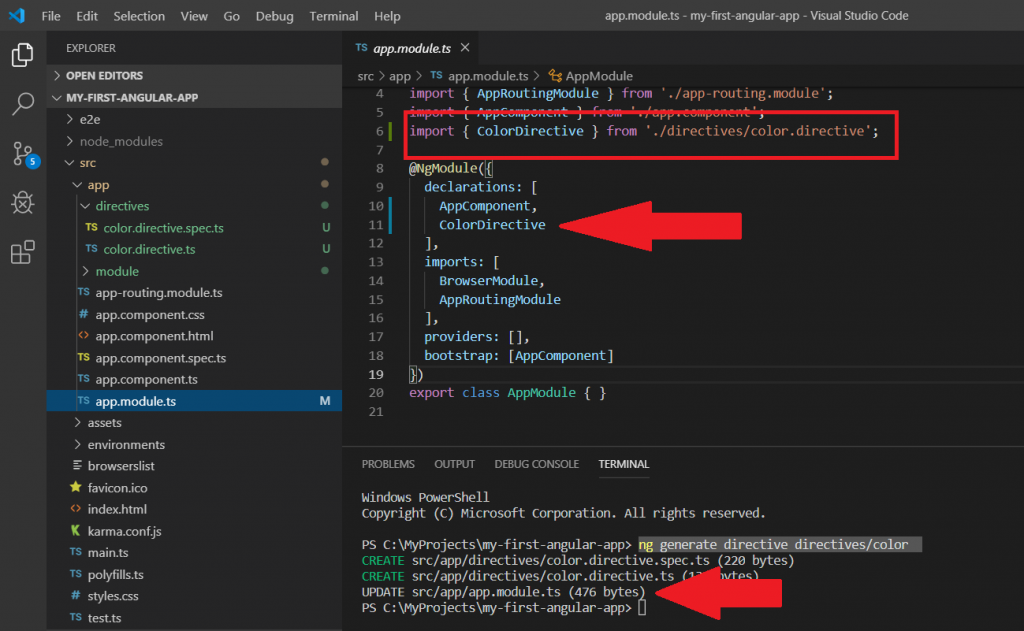 angular cli ile directive oluşturma app module değişiklikleri