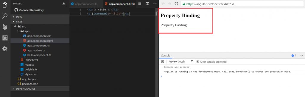 angular property binding result